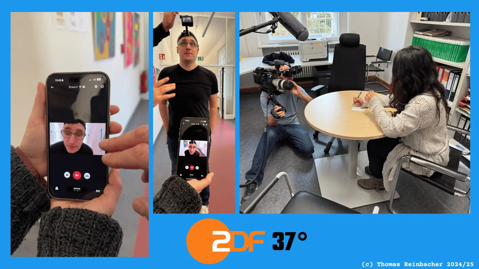 Dreharbeiten in München: Thomas im Interview für 37 Grad ZDF „Kampf im Kopf: Leben mit Depression“, Kamera und Licht im Wohnzimmer.