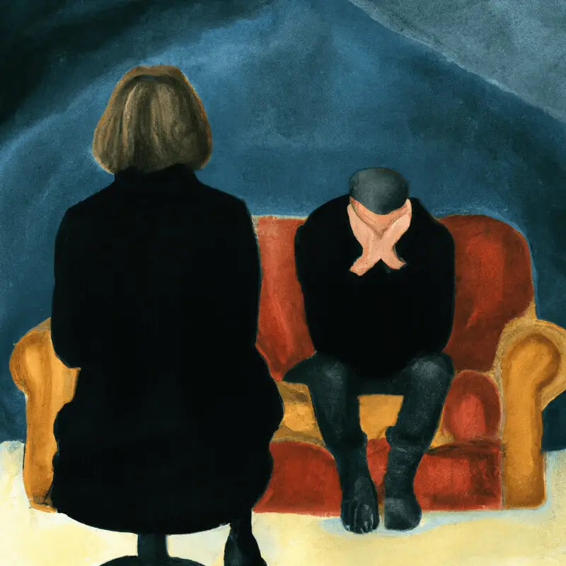 Ein depressiver Mann sitzt einer Therapeutin gegenüber auf einer Couch