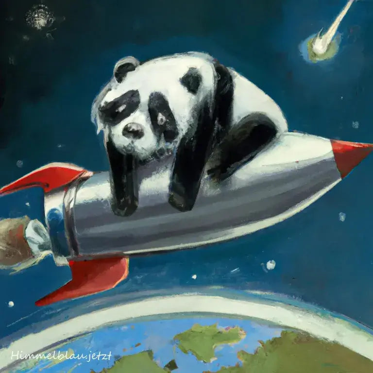 Eine einsamer Pandabär auf einer Rakete als Synonym für einen Menschen der an einem Burnout Leidet